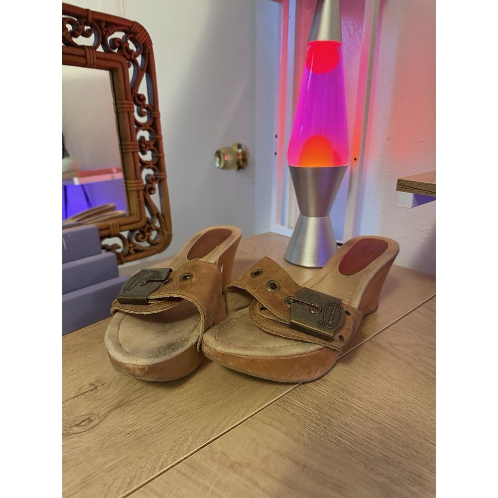 Dr Scholl’s The Original Big Buc Wooden Wedge Heel Vintage Tan Leather Size 9
